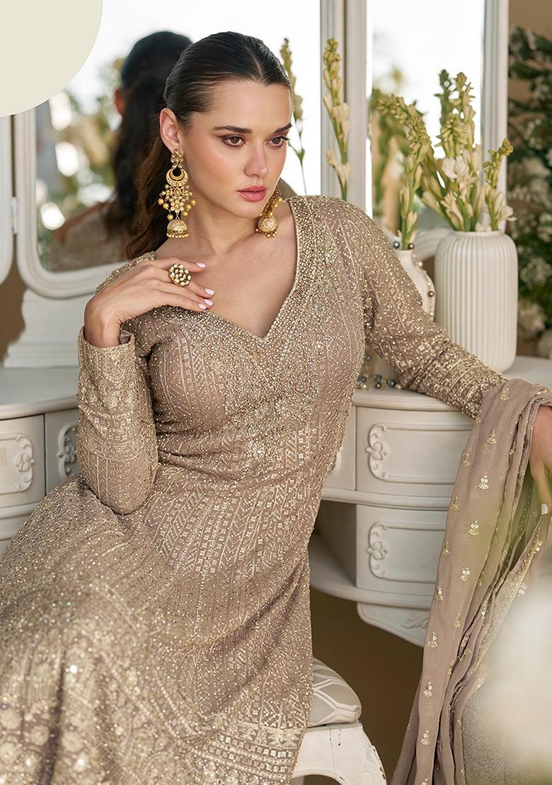 Beige Embroidered Georgette Palazzo Set With Dupatta - Indya