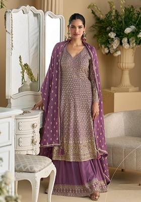 Purple Embroidered Georgette Palazzo Set With Dupatta