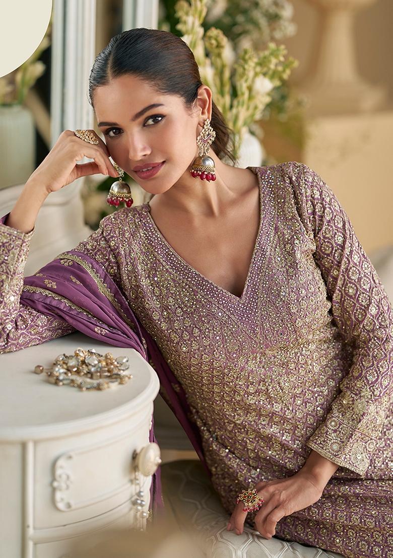 Purple Embroidered Georgette Palazzo Set With Dupatta - Indya