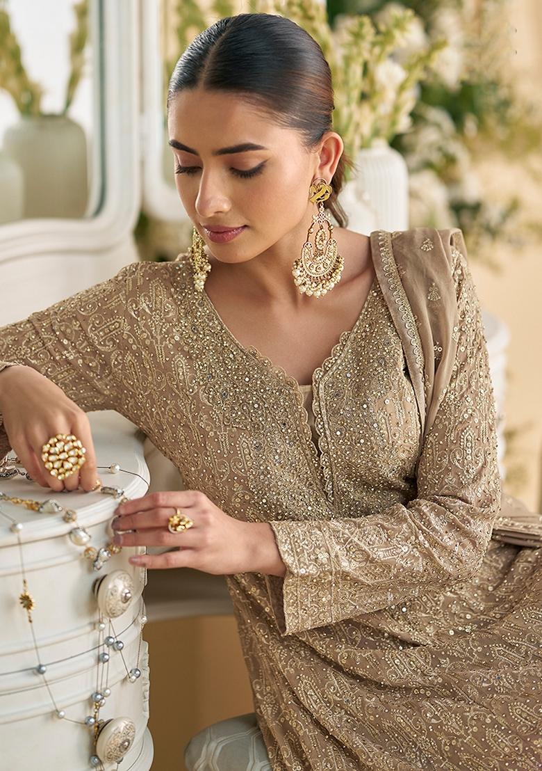 Pink Embroidered Georgette Palazzo Set With Dupatta - Indya