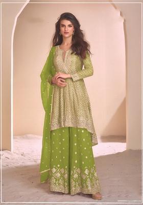 Green Embroidered Georgette Palazzo Set With Dupatta