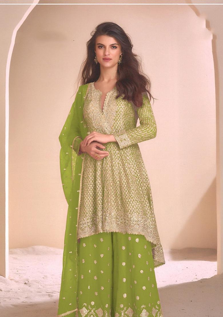 Green Embroidered Georgette Palazzo Set With Dupatta - Indya