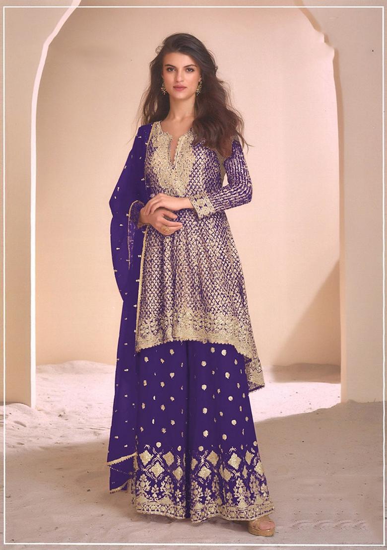 Purple Embroidered Georgette Palazzo Set With Dupatta - Indya