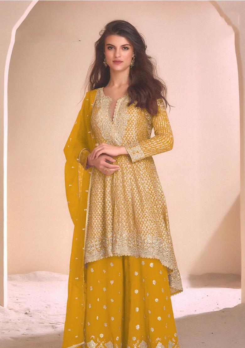 Red Embroidered Georgette Palazzo Set With Dupatta - Indya