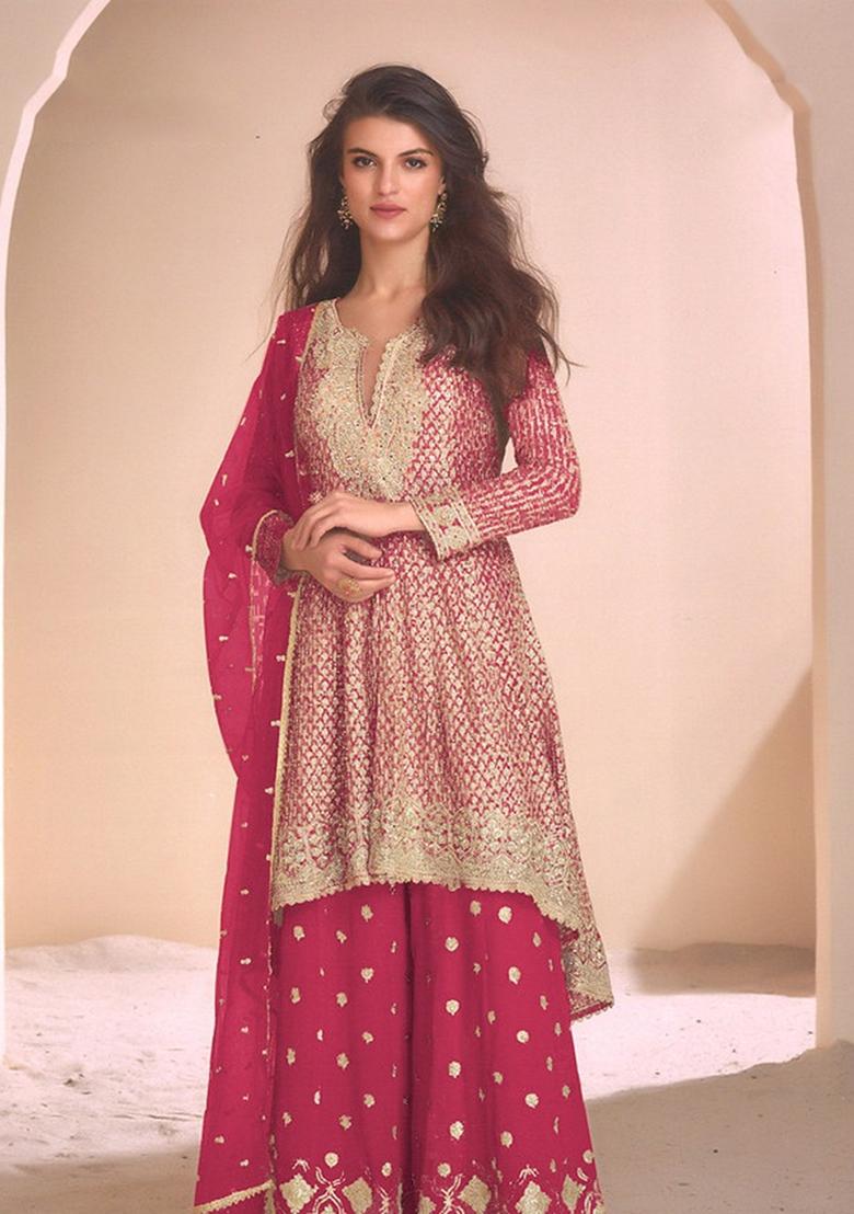 Pink Embroidered Georgette Palazzo Set With Dupatta - Indya