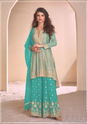 Blue Embroidered Georgette Palazzo Set With Dupatta