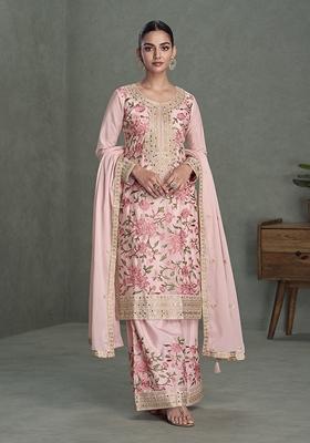 Pink Embroidered Chinon Palazzo Set With Dupatta
