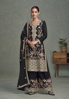 Black Embroidered Chinon Palazzo Set With Dupatta