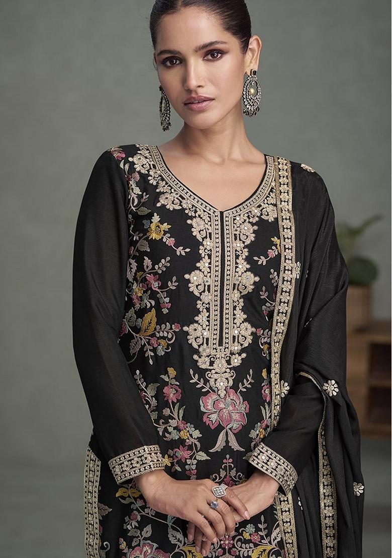 Black Embroidered Chinon Palazzo Set With Dupatta - Indya