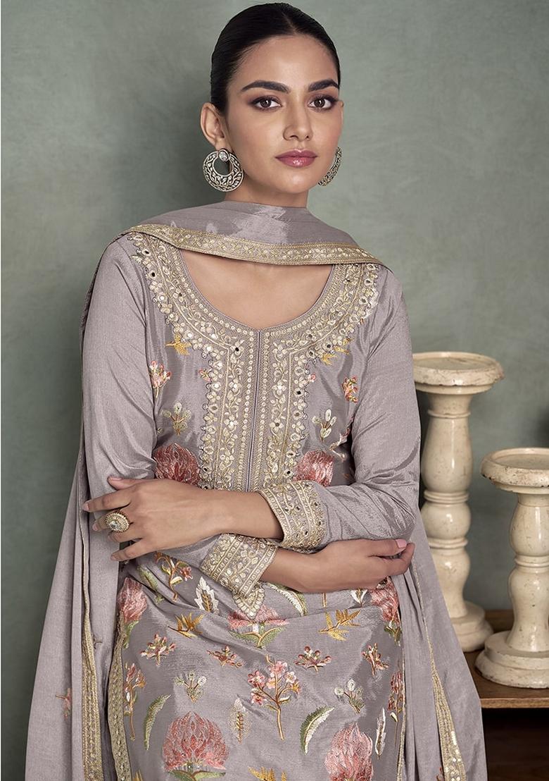Grey Embroidered Chinon Palazzo Set With Dupatta - Indya