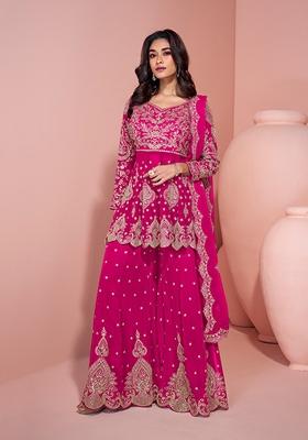 Pink Embroidered Georgette Palazzo Set With Dupatta