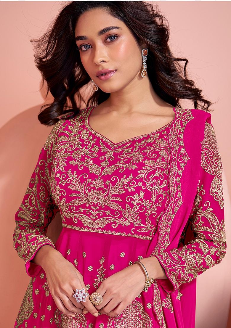 Pink Embroidered Georgette Palazzo Set With Dupatta - Indya