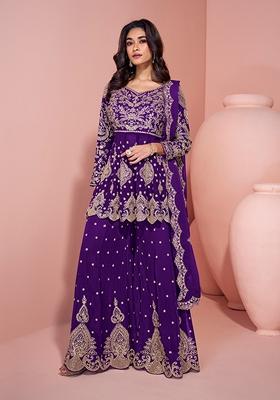Purple Embroidered Georgette Palazzo Set With Dupatta