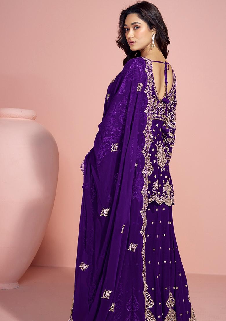 Purple Embroidered Georgette Palazzo Set With Dupatta - Indya