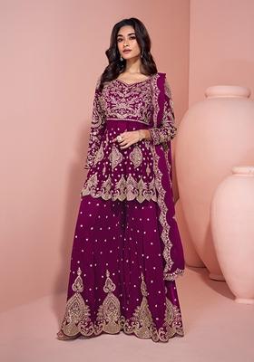 Maroon Embroidered Georgette Palazzo Set With Dupatta