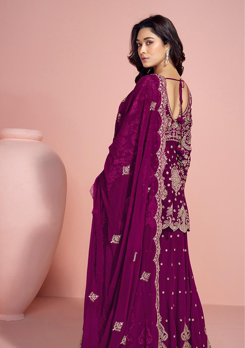 Maroon Embroidered Georgette Palazzo Set With Dupatta - Indya