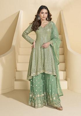 Green Embroidered Georgette Palazzo Set With Dupatta