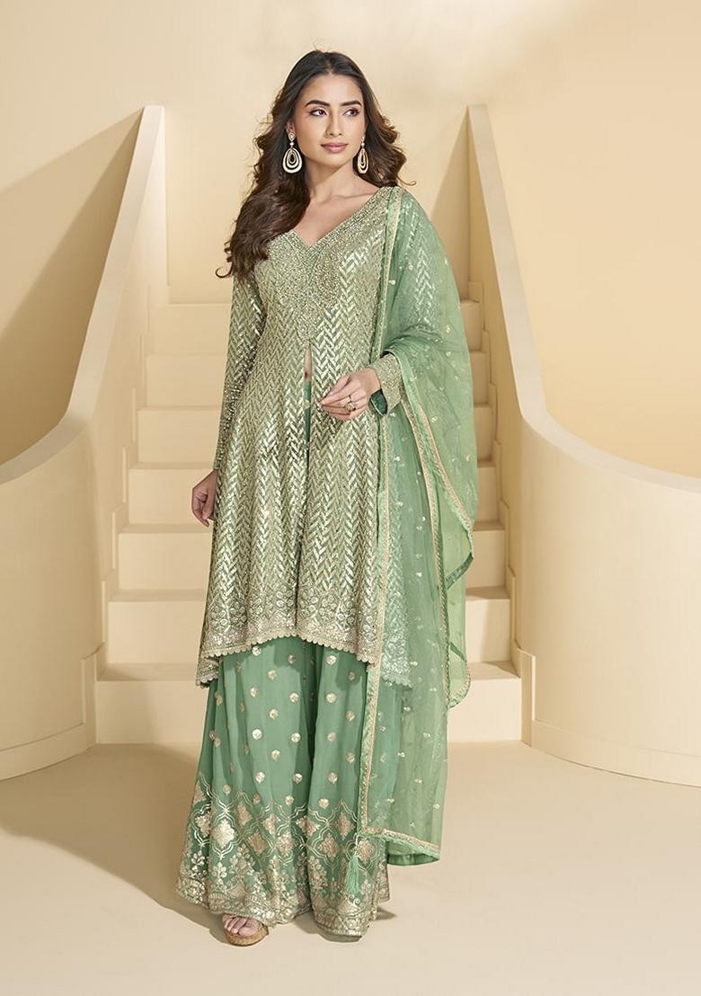 Green Embroidered Georgette Palazzo Set With Dupatta - Indya