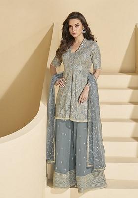 Grey Embroidered Georgette Palazzo Set With Dupatta