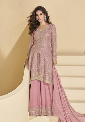 Pink Embroidered Georgette Palazzo Set With Dupatta