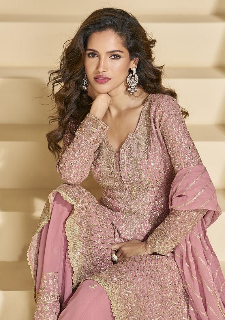 Pink Embroidered Georgette Palazzo Set With Dupatta - Indya
