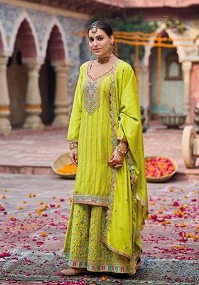 Green Embroidered Chinon Palazzo Set With Dupatta