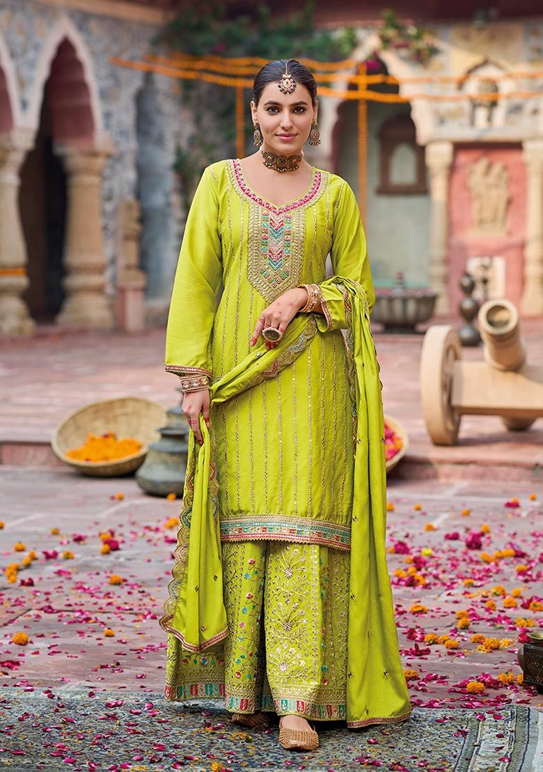 Green Embroidered Chinon Palazzo Set With Dupatta - Indya