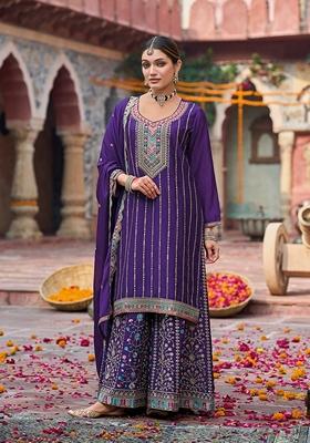 Purple Embroidered Chinon Palazzo Set With Dupatta