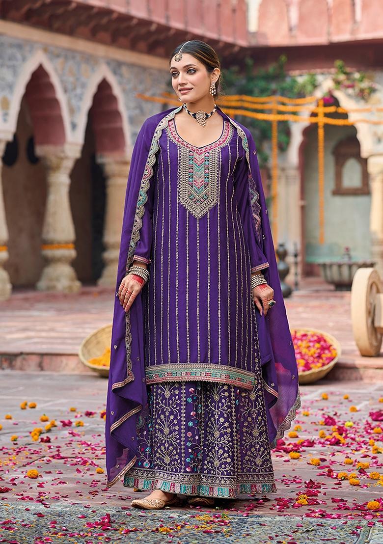Purple Embroidered Chinon Palazzo Set With Dupatta - Indya