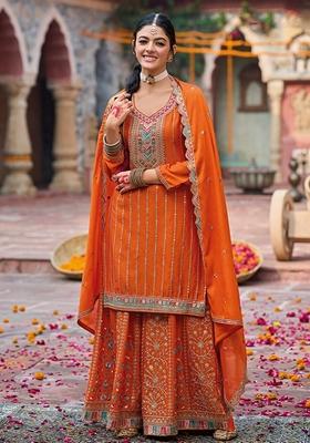 Orange Embroidered Chinon Palazzo Set With Dupatta