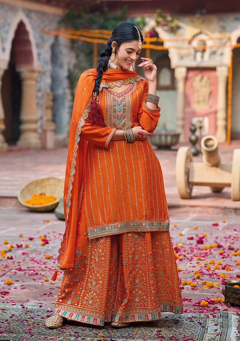 Orange Embroidered Chinon Palazzo Set With Dupatta - Indya