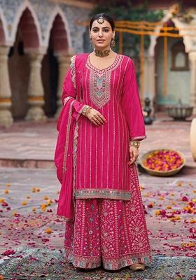 Pink Embroidered Chinon Palazzo Set With Dupatta