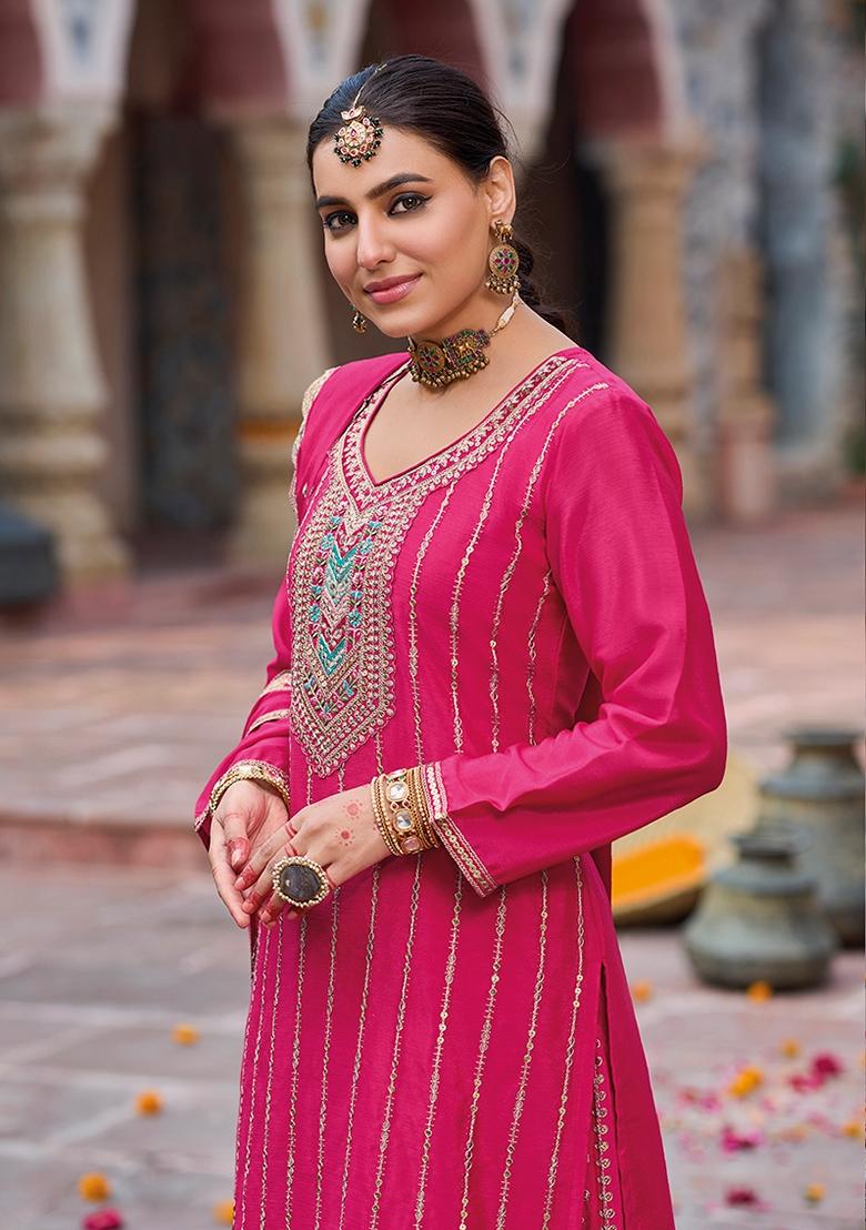 Pink Embroidered Chinon Palazzo Set With Dupatta - Indya