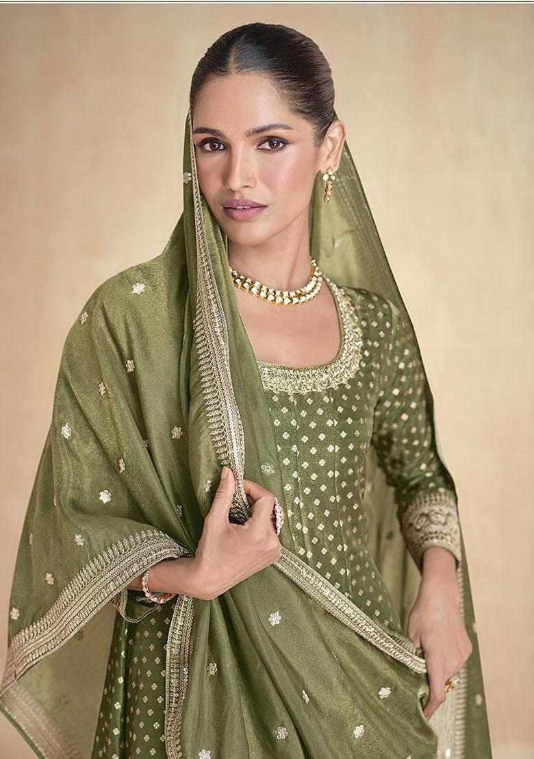 Green Zari Work Viscose Salwar Kameez With Dupatta - Indya