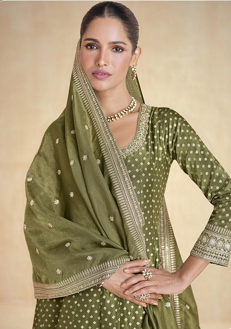 Green Zari Work Viscose Salwar Kameez With Dupatta - Indya