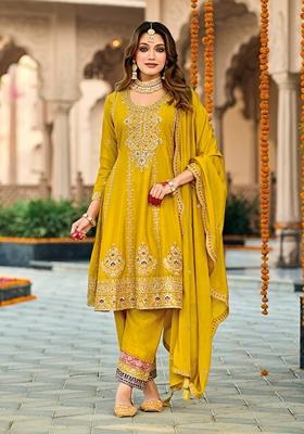 Red Embroidered Chinon Salwar Kameez With Dupatta