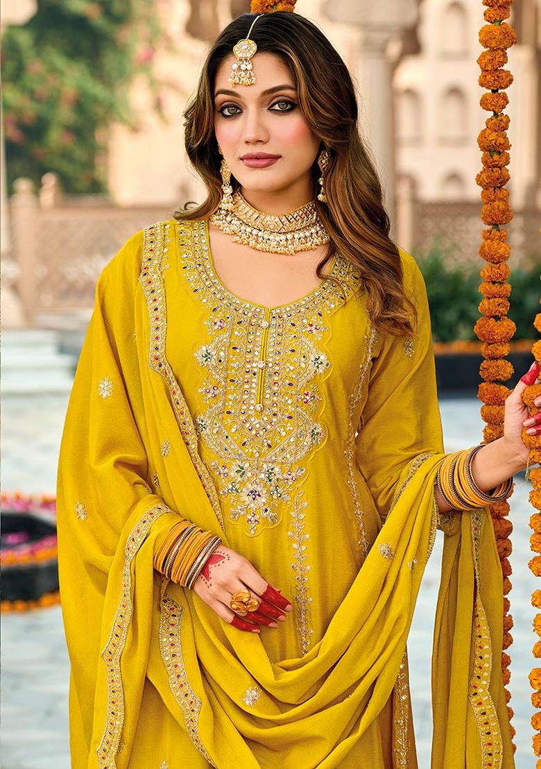 Red Embroidered Chinon Salwar Kameez With Dupatta - Indya