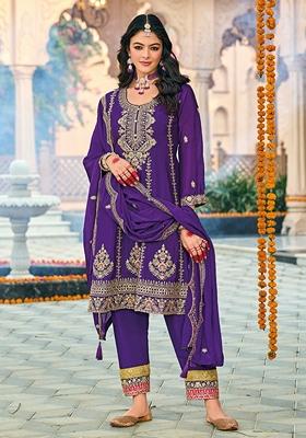 Purple Embroidered Chinon Salwar Kameez With Dupatta