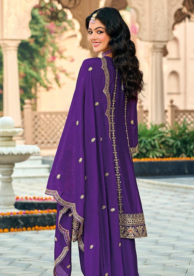Purple Embroidered Chinon Salwar Kameez With Dupatta - Indya