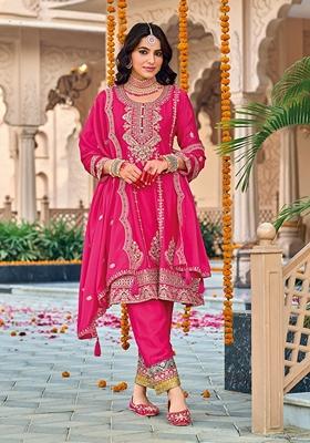 Pink Embroidered Chinon Salwar Kameez With Dupatta