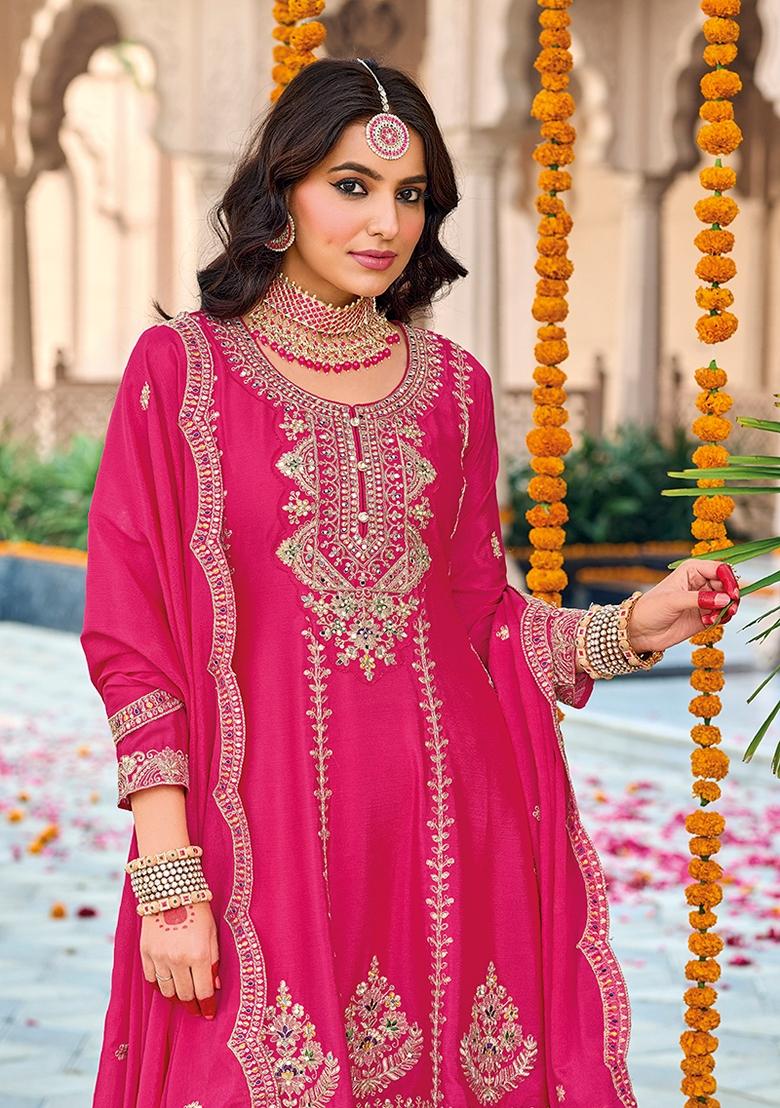 Pink Embroidered Chinon Salwar Kameez With Dupatta - Indya