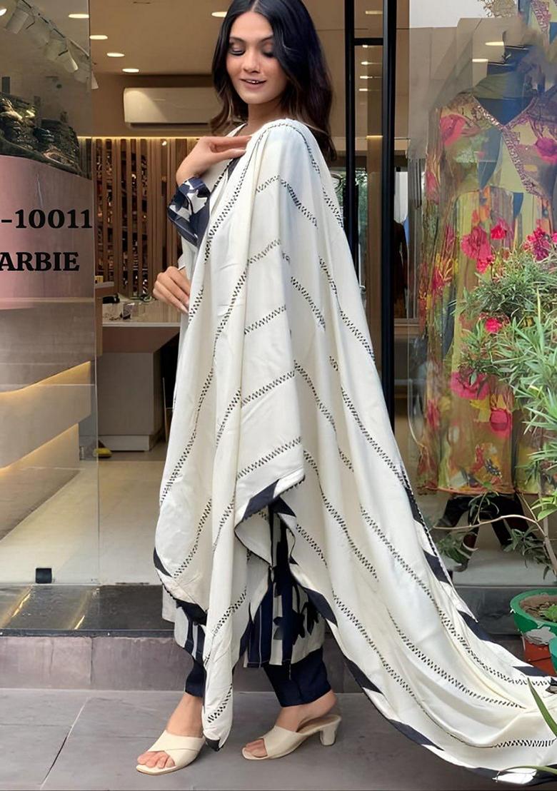 White Embroidered Muslin Salwar Kameez With Dupatta - Indya