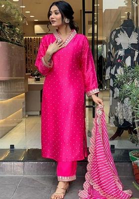 Pink Embroidered Viscose Salwar Kameez With Dupatta