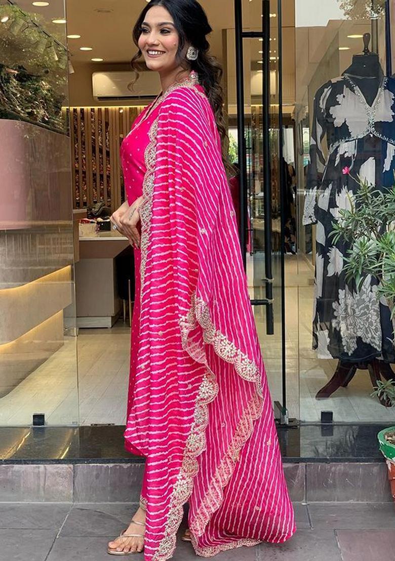 Pink Embroidered Viscose Salwar Kameez With Dupatta - Indya