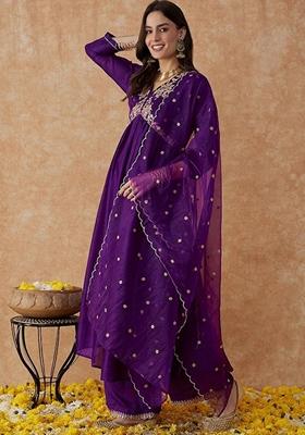 Purple Embroidered Silk Salwar Kameez With Dupatta