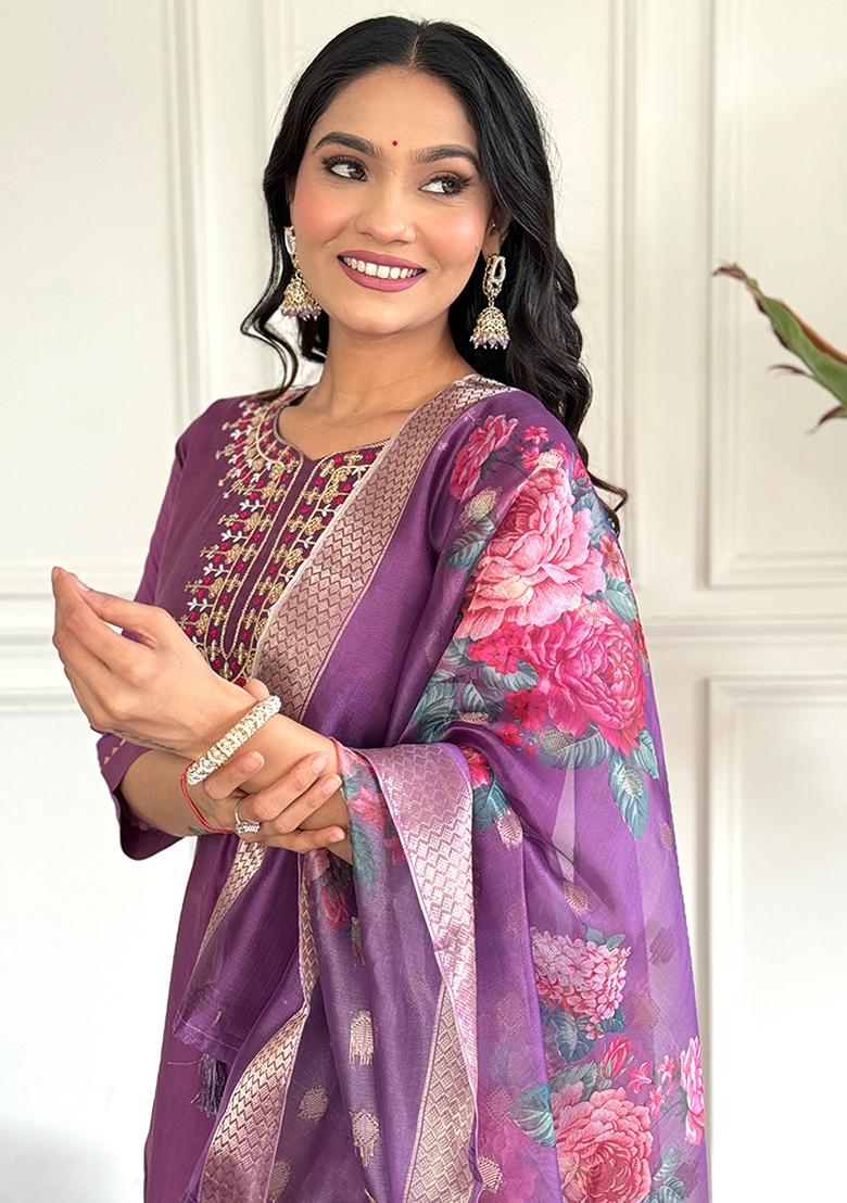 Purple Embroidered Chanderi Salwar Kameez With Dupatta - Indya