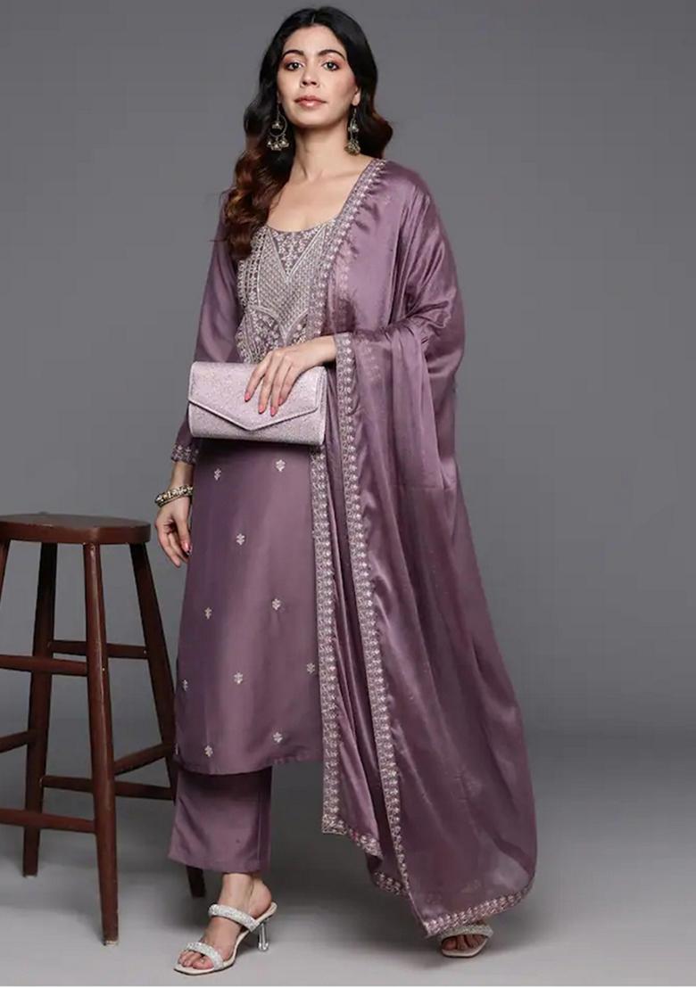 Pink Embroidered Chanderi Salwar Kameez With Dupatta - Indya