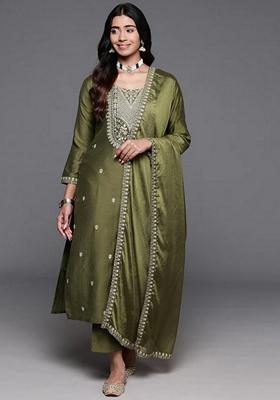 Green Embroidered Chanderi Salwar Kameez With Dupatta