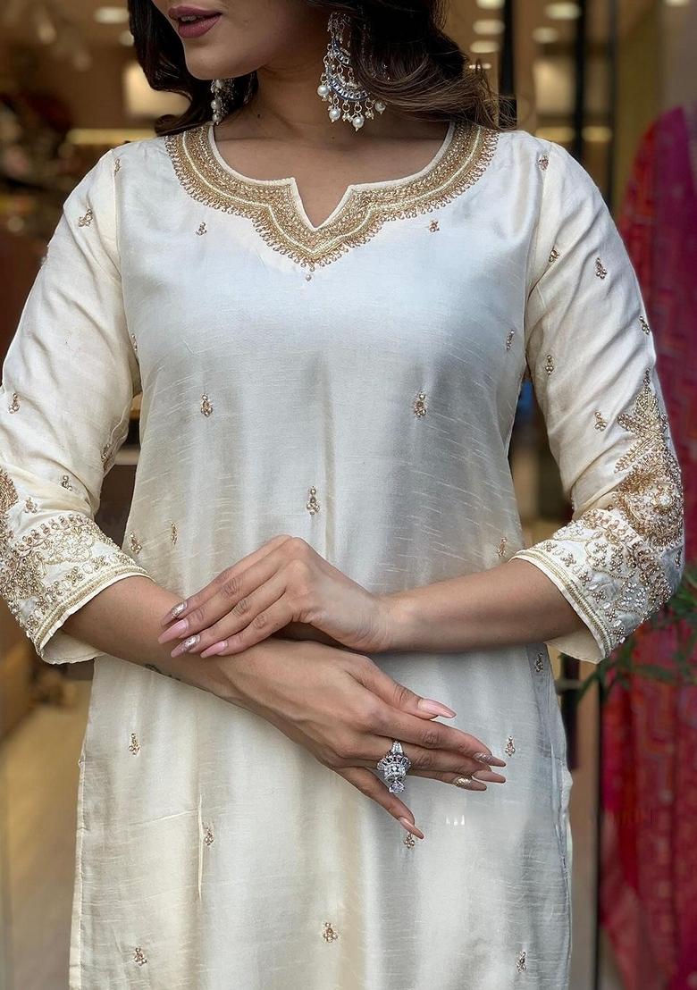 White Embroidered Chanderi Salwar Kameez With Dupatta - Indya