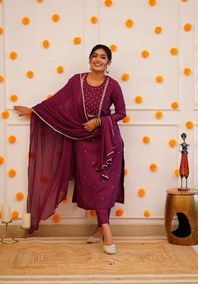 Maroon Embroidered Rayon Salwar Kameez With Dupatta